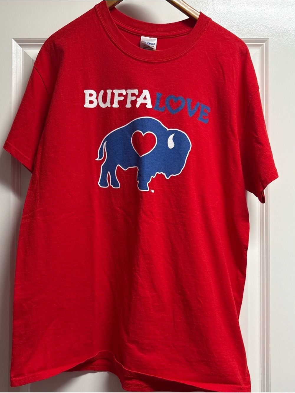 Gildan Red Tee with Blue Buffalo Bills Heart Graphic large Buffalove